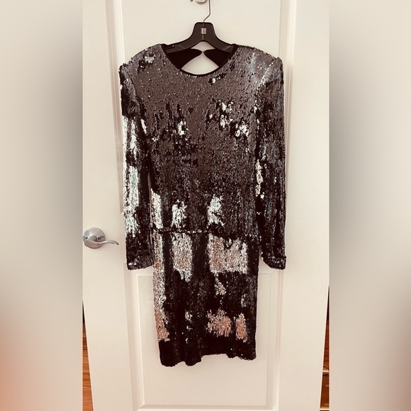 NAEEM KHAN Silver Black Sequin Sheath Open Back Dress - Picture 2 of 16